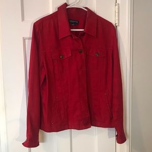 Red linen jacket.